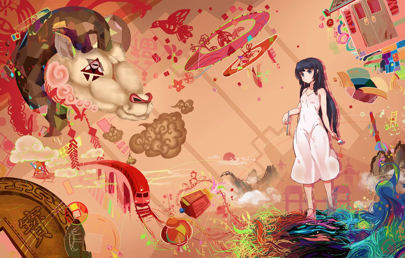 Фото обои девушка, животное, аниме, арт, mianbaoshi mengxiang