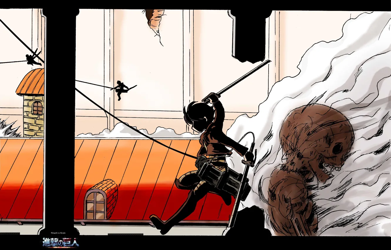 Фото обои стена, скелет, разрушение, сражение, на крыше, испарение, Shingeki no Kyojin, Eren Yeager, Вторжение Гигантов