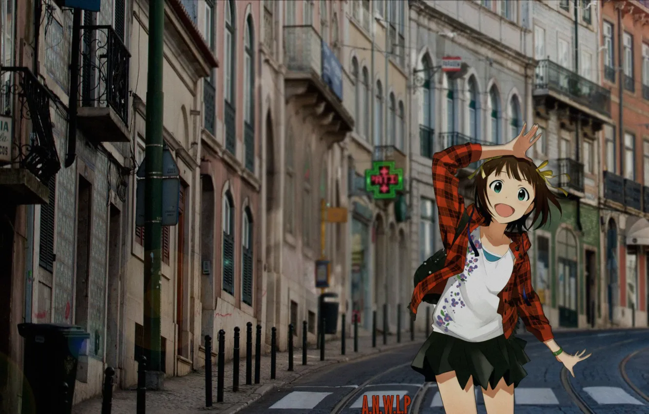 Фото обои девушка, счастье, улица, аниме, день, madskillz, madskillz anime, ясная погода, клечетая рубашка