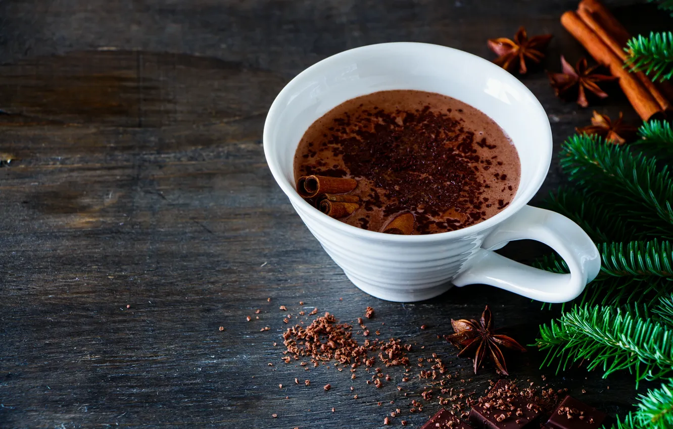 Фото обои ветки, кружка, hot, cup, chocolate, cocoa, горячий шоколад, fir tree