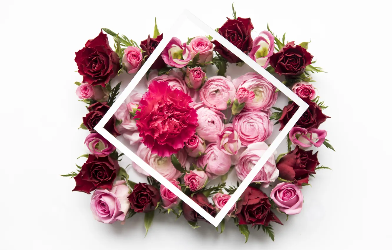 Фото обои цветы, розы, red, розовые, pink, flowers, пионы, roses, peonies, frame, floral