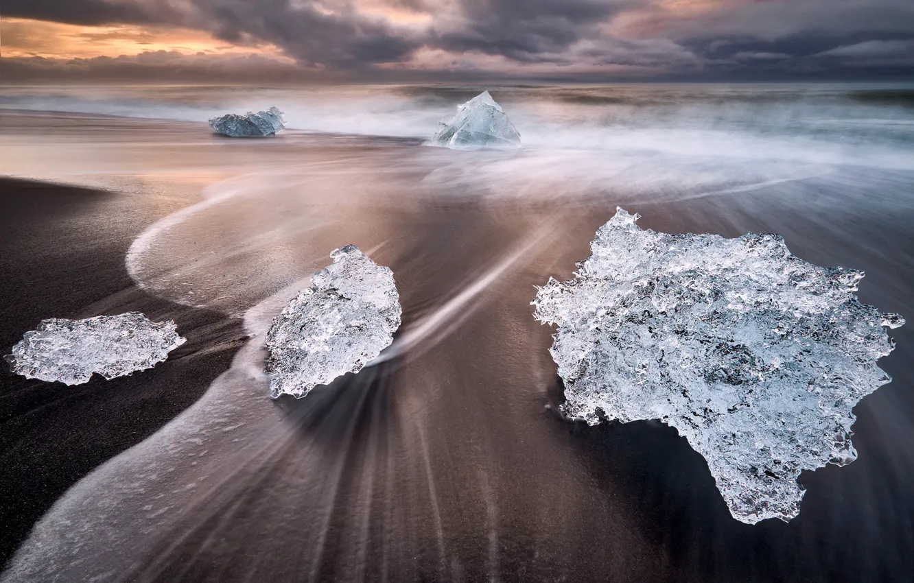 Фото обои волны, пляж, вода, природа, лёд, выдержка, Исландия