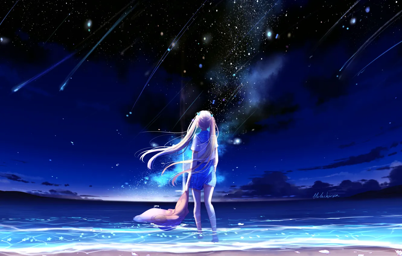 Фото обои море, небо, ночь, школьница, падающие звезды, by lluluchwan