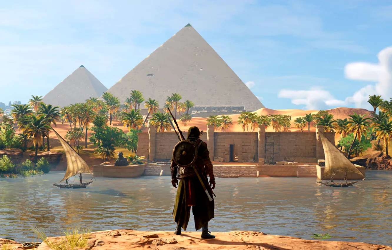 Фото обои река, пирамида, Египет, Assassin's Creed Origins