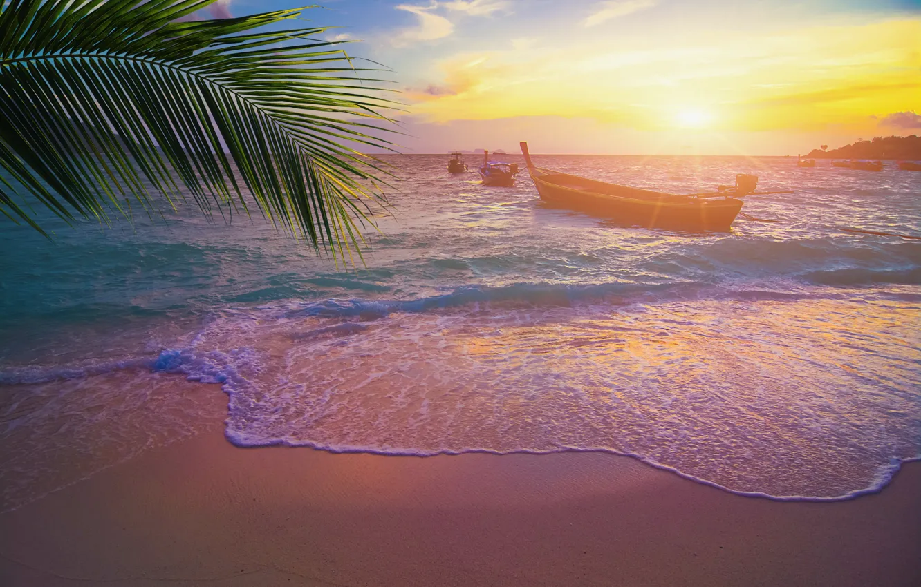 Фото обои песок, море, волны, пляж, лето, закат, пальмы, берег, summer, beach, sea, sunset, seascape, beautiful, sand, …