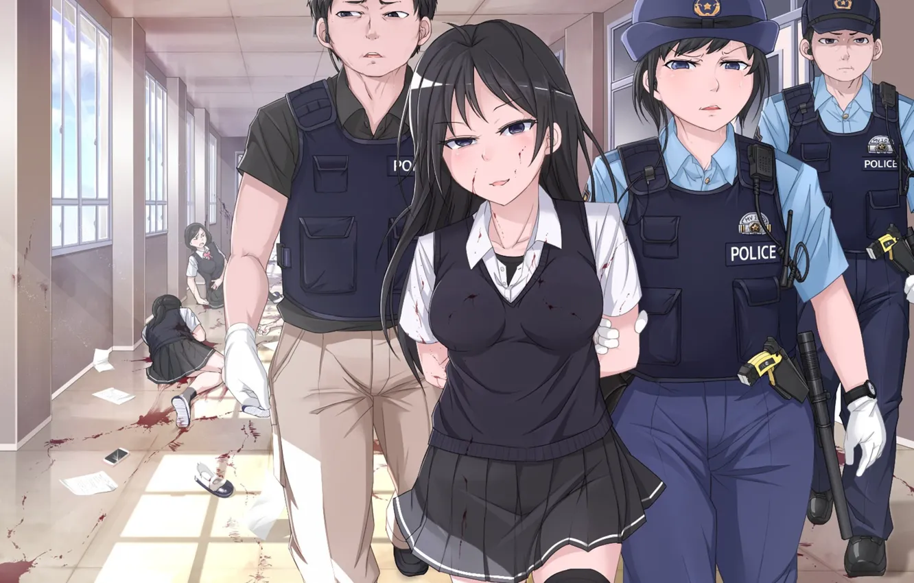 Фото обои girl, blood, police, anime, assassin, cop, Japna, seifuku, japone...