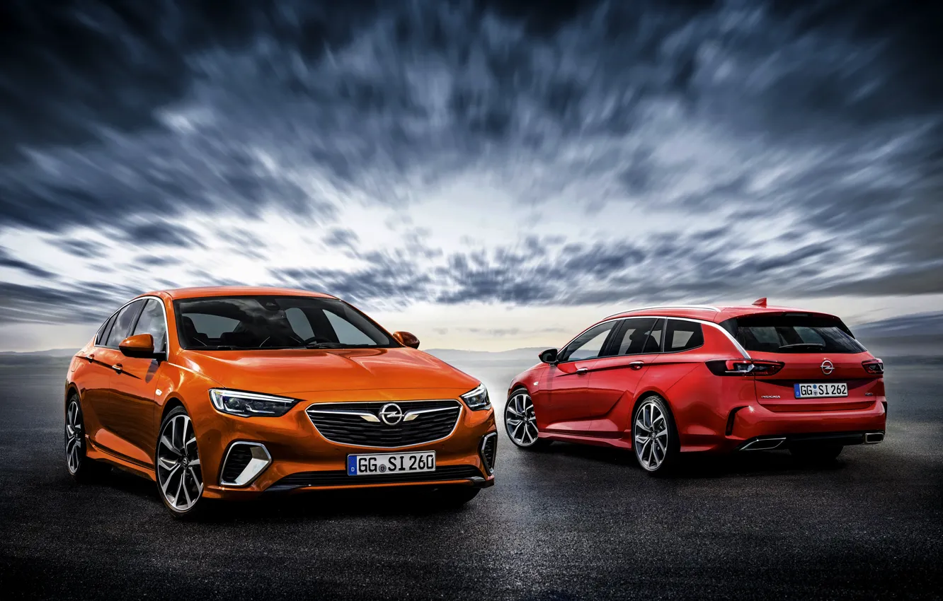 Фото обои небо, оранжевый, красный, тучи, Insignia, Opel, стоят, Insignia GSi Grand Sport, Insignia GSi Sports Tourer