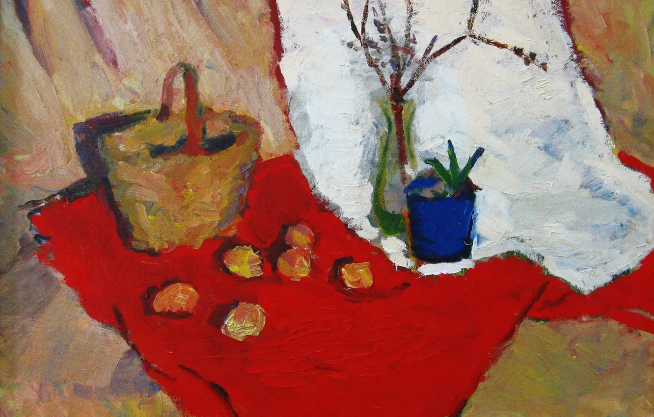 Фото обои корзина, 2006, ваза, натюрморт, красная ткань, белая ткань, Пётр Петяев, синий горшок