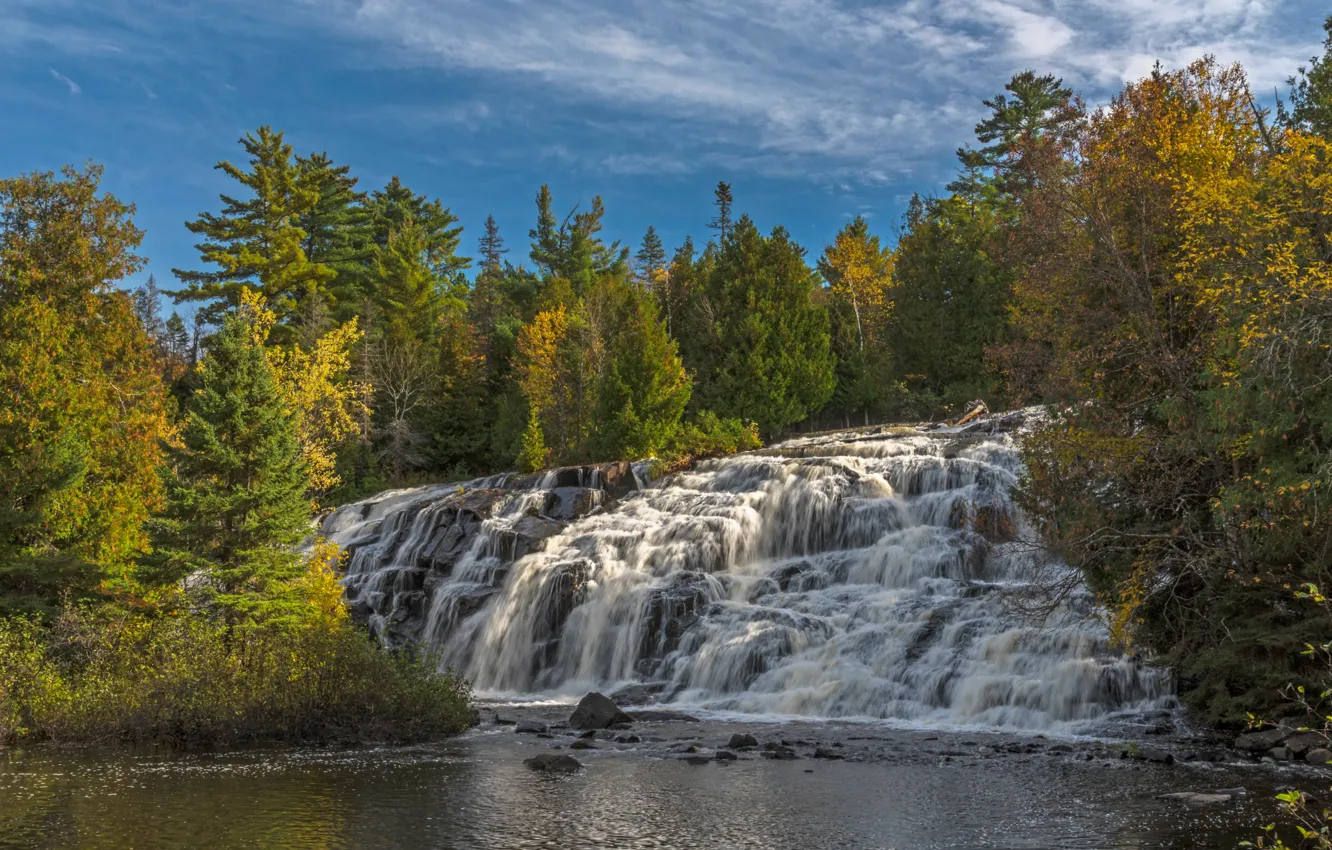 Фото обои осень, лес, деревья, река, водопад, Мичиган, каскад, Michigan, Bond Falls, Ontonagon River, Upper Peninsula, Река …