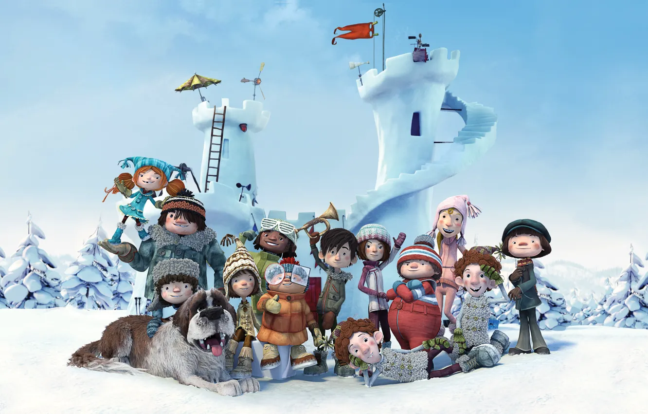 Фото обои animation, girl, dog, snow, boy, cartoon, friends, Snowtime. 