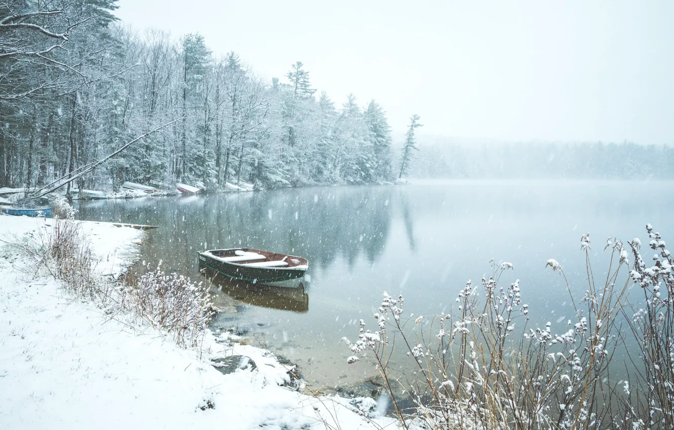 Фото обои зима, лес, снег, озеро, пруд, лодка, Англия, England, Нью-Гэмпшир, New Hampshire, Saltmarsh Pond, Гилфорд, Пруд …